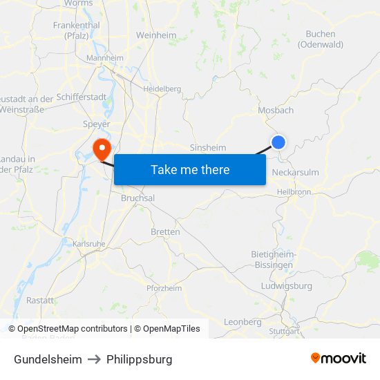 Gundelsheim to Philippsburg map