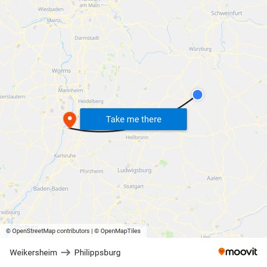 Weikersheim to Philippsburg map