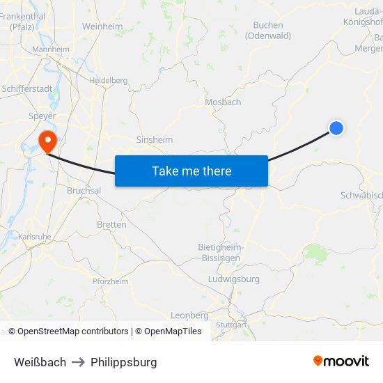 Weißbach to Philippsburg map