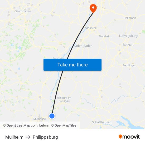 Müllheim to Philippsburg map