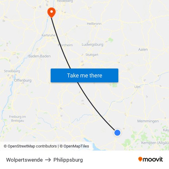 Wolpertswende to Philippsburg map