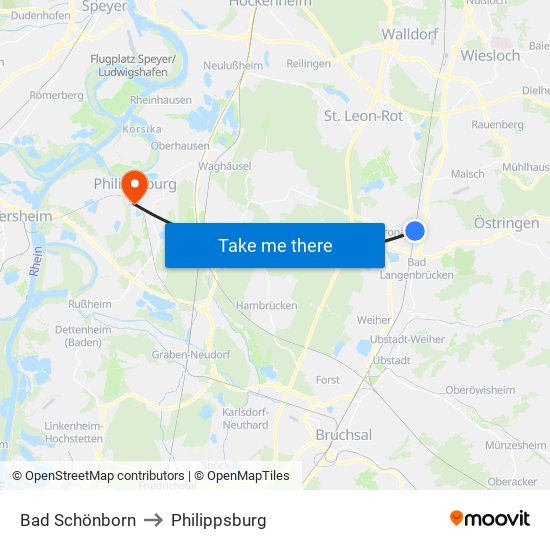 Bad Schönborn to Philippsburg map