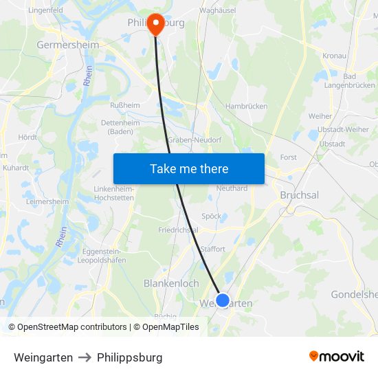 Weingarten to Philippsburg map
