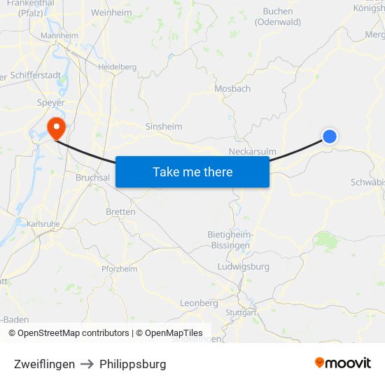Zweiflingen to Philippsburg map