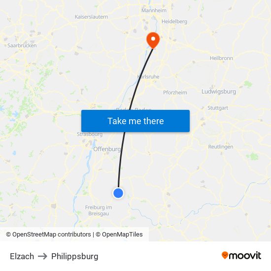 Elzach to Philippsburg map