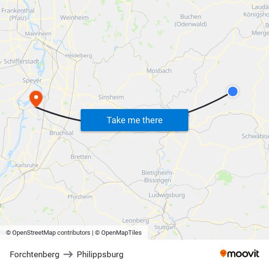 Forchtenberg to Philippsburg map