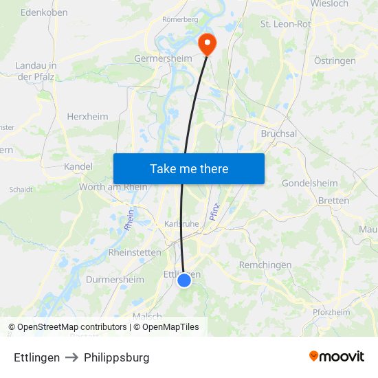 Ettlingen to Philippsburg map
