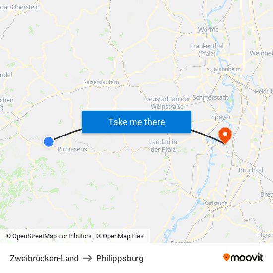 Zweibrücken-Land to Philippsburg map