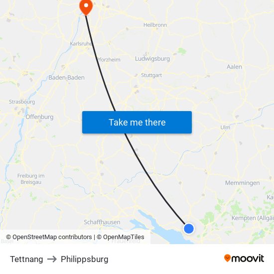 Tettnang to Philippsburg map