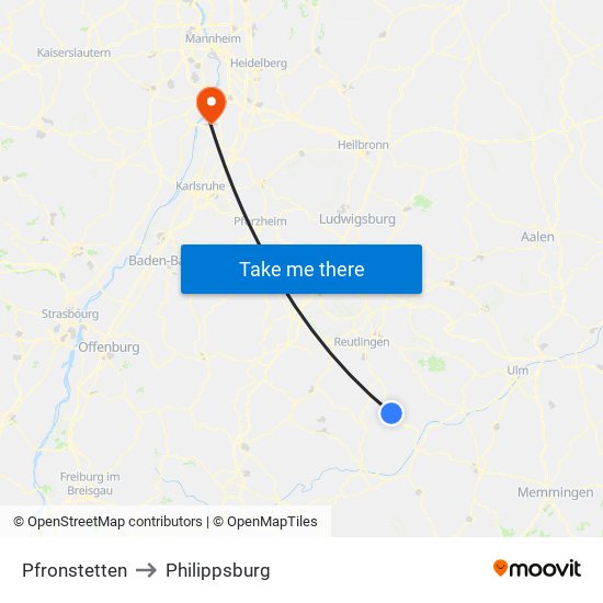 Pfronstetten to Philippsburg map