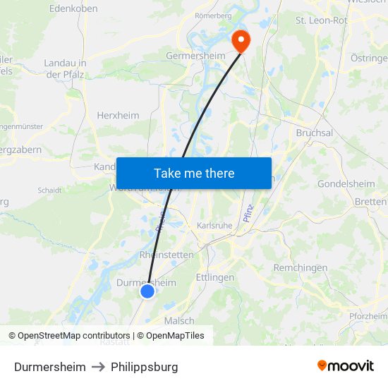 Durmersheim to Philippsburg map