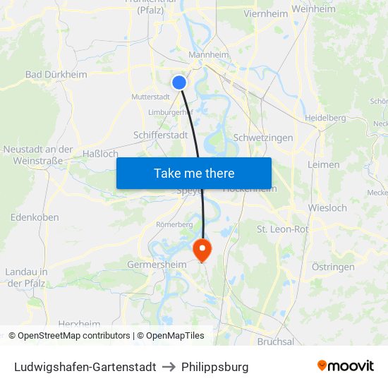 Ludwigshafen-Gartenstadt to Philippsburg map