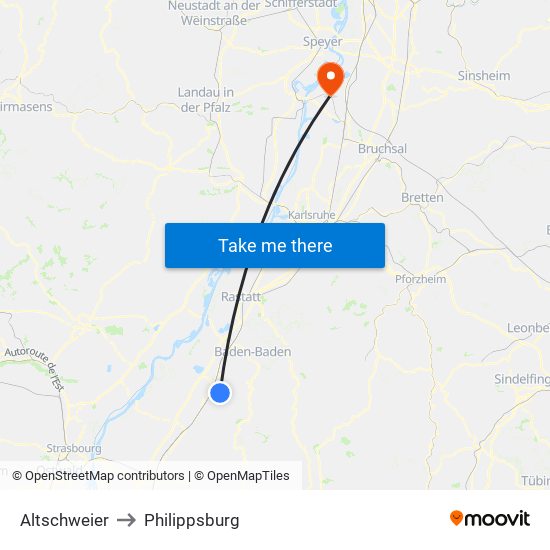 Altschweier to Philippsburg map