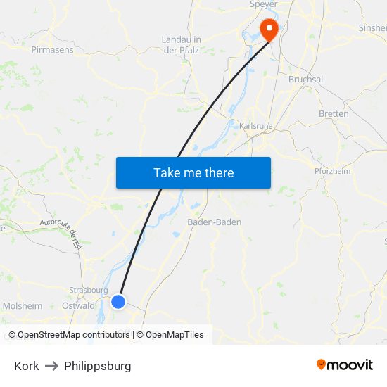 Kork to Philippsburg map