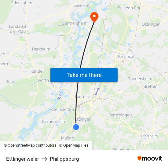 Ettlingenweier to Philippsburg map