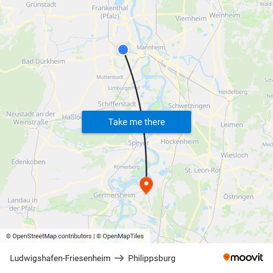 Ludwigshafen-Friesenheim to Philippsburg map