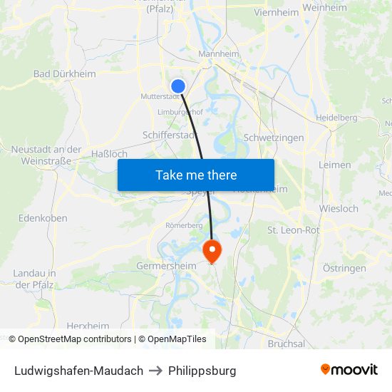 Ludwigshafen-Maudach to Philippsburg map