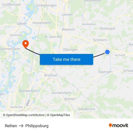 Reihen to Philippsburg map
