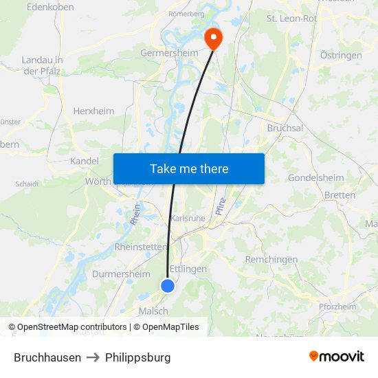 Bruchhausen to Philippsburg map