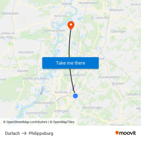 Durlach to Philippsburg map