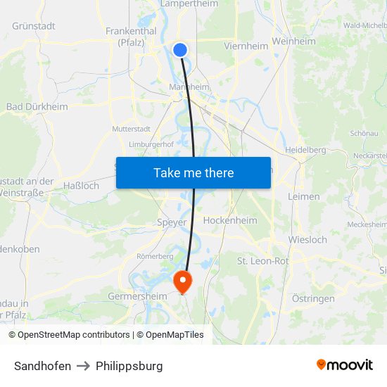 Sandhofen to Philippsburg map