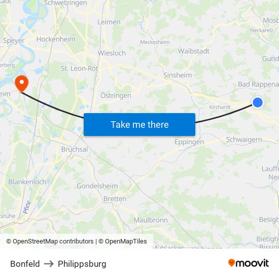 Bonfeld to Philippsburg map