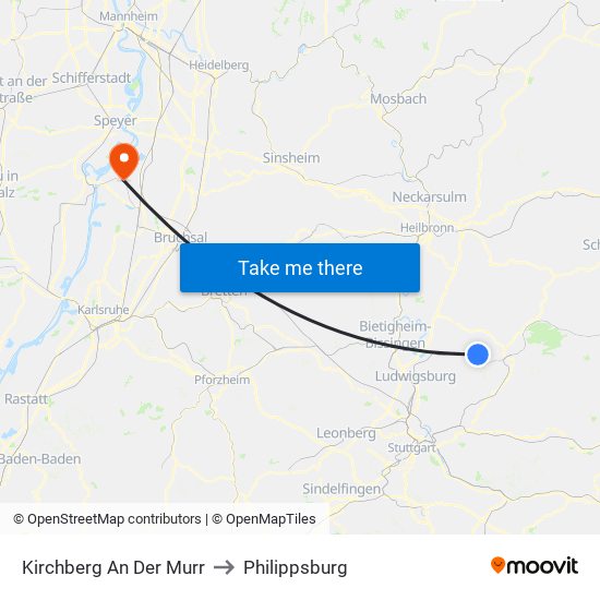 Kirchberg An Der Murr to Philippsburg map