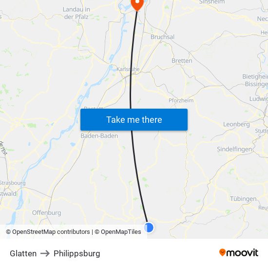 Glatten to Philippsburg map