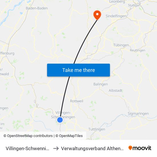 Villingen-Schwenningen to Verwaltungsverband Althengstett map