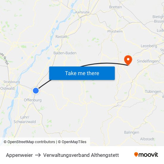 Appenweier to Verwaltungsverband Althengstett map