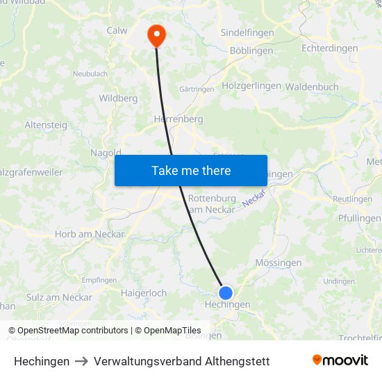 Hechingen to Verwaltungsverband Althengstett map