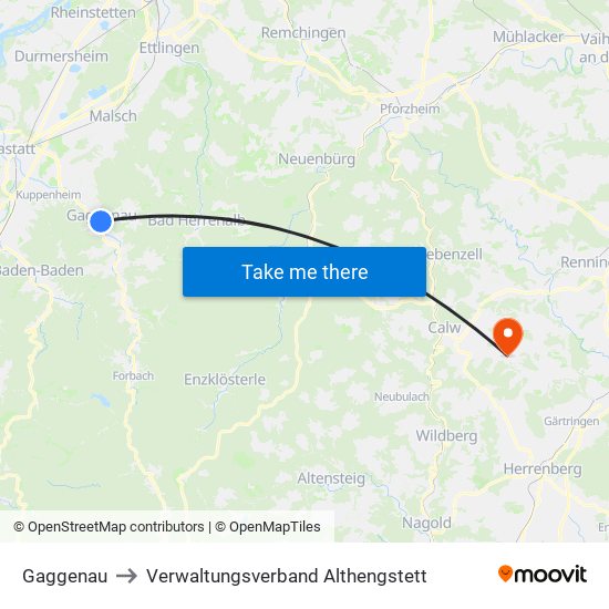 Gaggenau to Verwaltungsverband Althengstett map