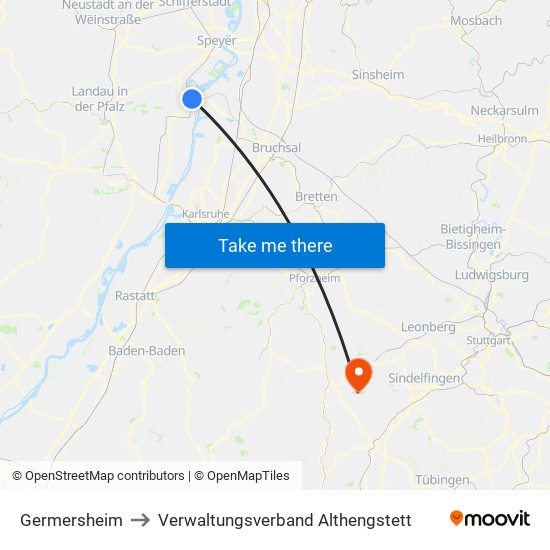 Germersheim to Verwaltungsverband Althengstett map