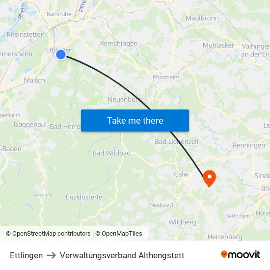 Ettlingen to Verwaltungsverband Althengstett map