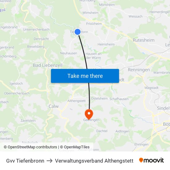 Gvv Tiefenbronn to Verwaltungsverband Althengstett map