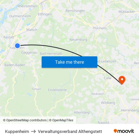 Kuppenheim to Verwaltungsverband Althengstett map