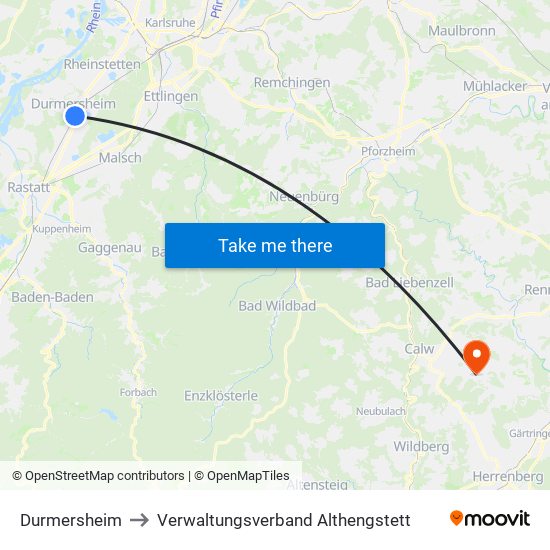 Durmersheim to Verwaltungsverband Althengstett map