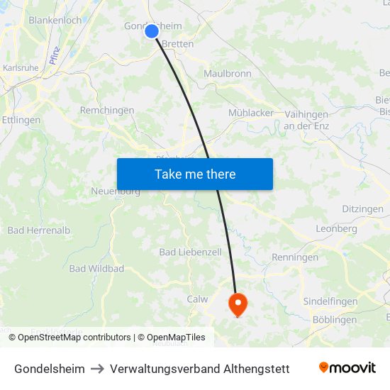 Gondelsheim to Verwaltungsverband Althengstett map