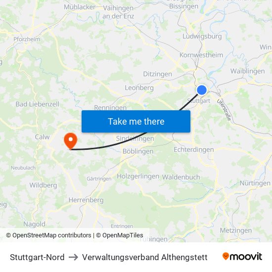 Stuttgart-Nord to Verwaltungsverband Althengstett map