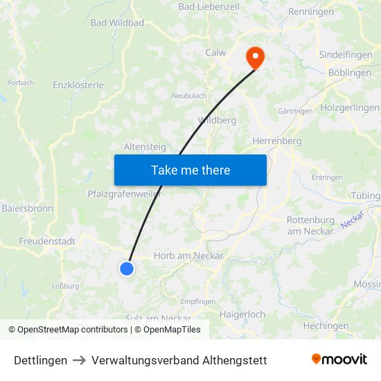 Dettlingen to Verwaltungsverband Althengstett map