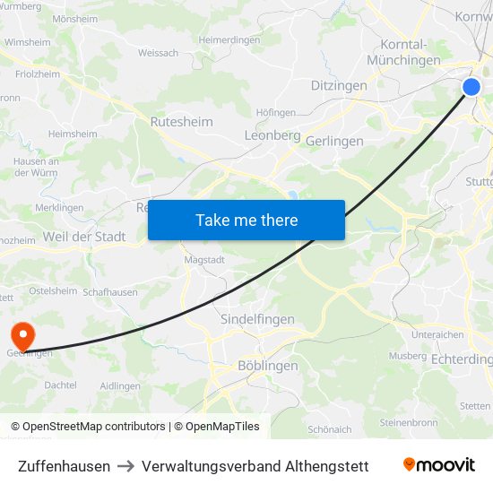Zuffenhausen to Verwaltungsverband Althengstett map