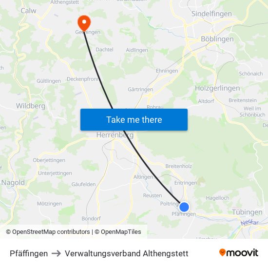 Pfäffingen to Verwaltungsverband Althengstett map