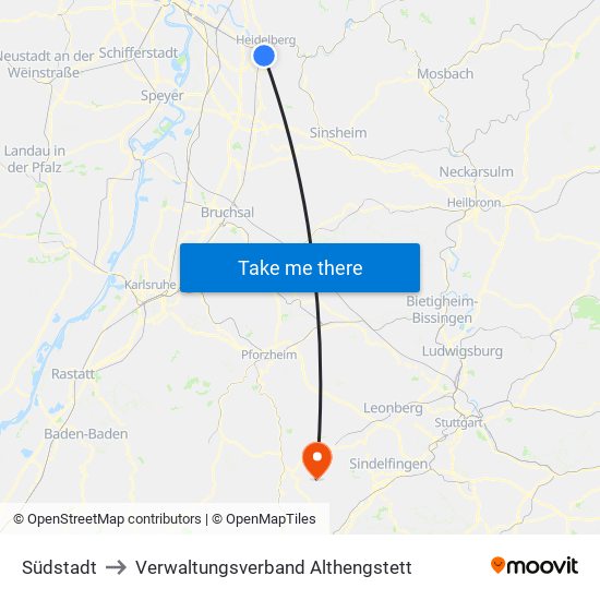 Südstadt to Verwaltungsverband Althengstett map