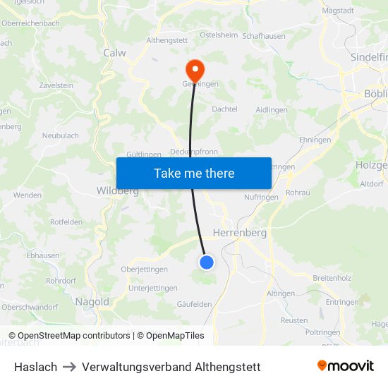 Haslach to Verwaltungsverband Althengstett map