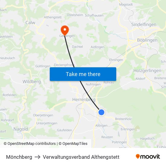 Mönchberg to Verwaltungsverband Althengstett map