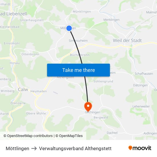 Möttlingen to Verwaltungsverband Althengstett map