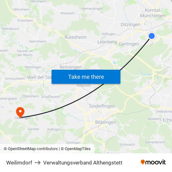 Weilimdorf to Verwaltungsverband Althengstett map
