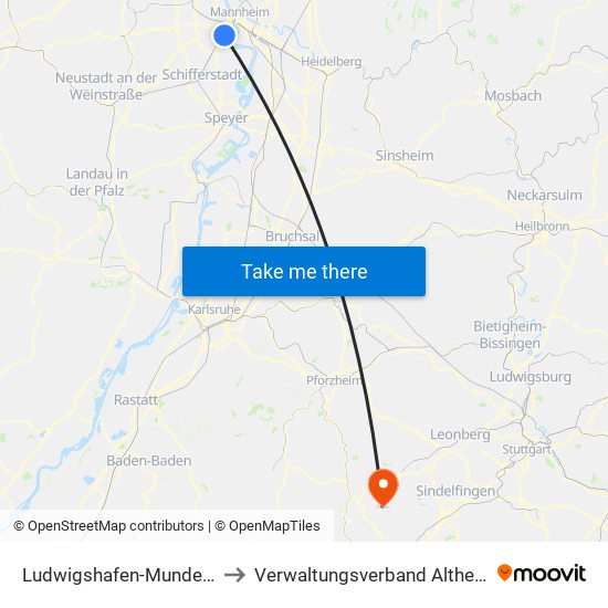 Ludwigshafen-Mundenheim to Verwaltungsverband Althengstett map