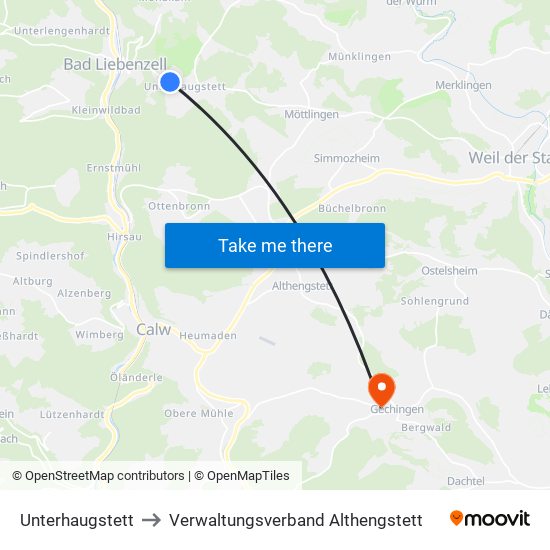 Unterhaugstett to Verwaltungsverband Althengstett map