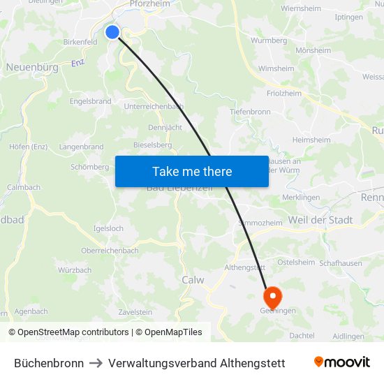 Büchenbronn to Verwaltungsverband Althengstett map